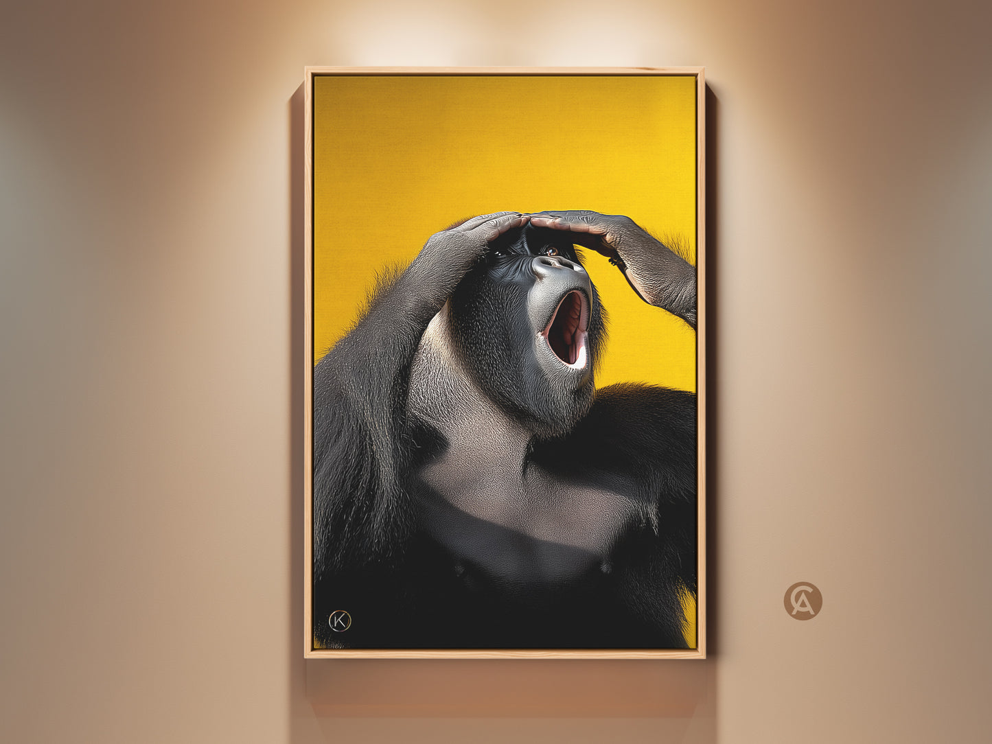 Framed photorealistic gorilla art print. This wildlife primate portrait features a roaring gorilla. It is set against a bold yellow canvas. Perfect eclectic office wall decor and a unique animal lover gift.