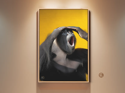 Framed photorealistic gorilla art print. This wildlife primate portrait features a roaring gorilla. It is set against a bold yellow canvas. Perfect eclectic office wall decor and a unique animal lover gift.