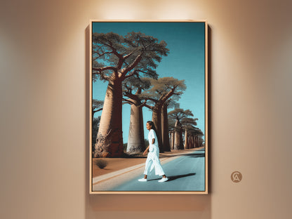 Realistic Baobab tree art print inside a oak floating frame. A woman walks a lonely road. This African landscape canvas art brings boho travel decor to any entry hall. The teal and blue tones create vacation vibes. It is a unique housewarming gift idea.