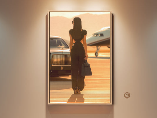 Sepia Gold Woman Art Print. This canvas features a woman with a private jet and car. It captures glamorous travel and luxury lifestyle. The warm sepia and gold tones add sophistication. Perfect for travel lovers and elegant home decor.