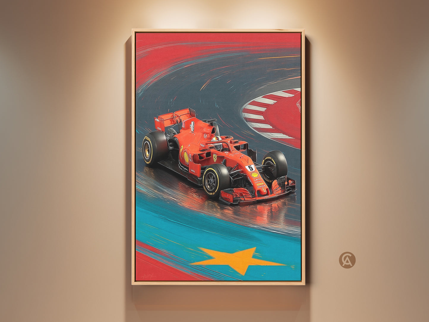 Framed red F1 car art print displayed. A dynamic speed illustrative artwork for office or garage wall decor. Motorsport canvas art that captures the energy of Formula 1 racing. A perfect gift for any race fan or car lover seeking high speed racing art.