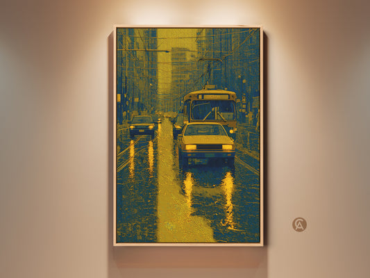 Experience urban atmosphere with this framed artwork. The print captures a rainy city street with cars and a bus in a blue and gold color palette. The artwork is perfect for adding a touch of city life to your walls.