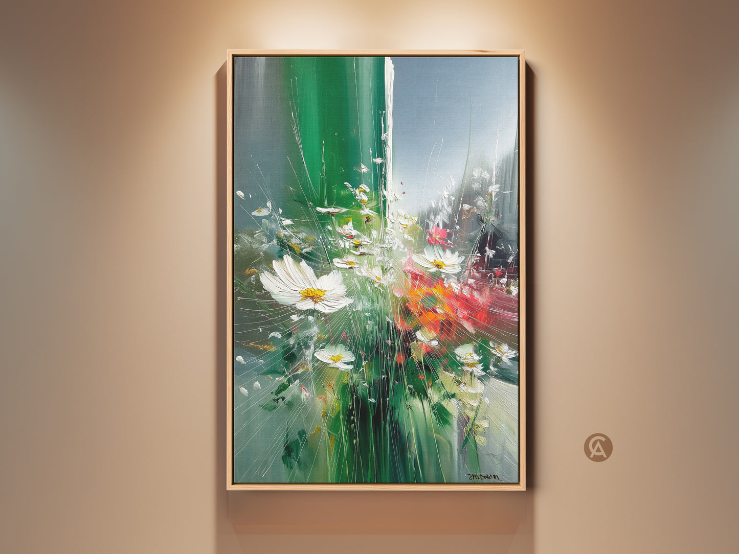 Framed botanical wall art featuring impressionistic daisies. This emerald green wildflower art adds an eclectic touch to any room. The teal and white nature artwork brings a fresh spring vibe. It's a perfect piece of dining room wall decor.