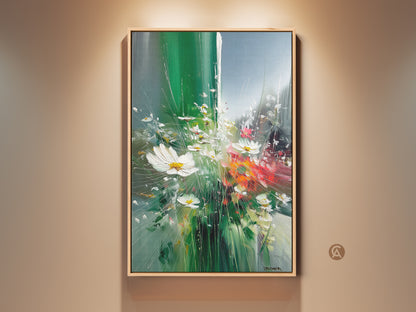 Framed botanical wall art featuring impressionistic daisies. This emerald green wildflower art adds an eclectic touch to any room. The teal and white nature artwork brings a fresh spring vibe. It's a perfect piece of dining room wall decor.