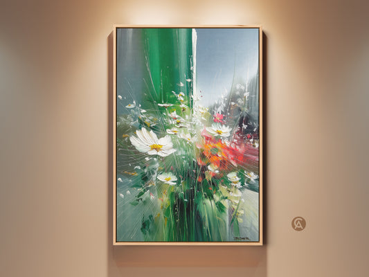 Framed botanical wall art featuring impressionistic daisies. This emerald green wildflower art adds an eclectic touch to any room. The teal and white nature artwork brings a fresh spring vibe. It's a perfect piece of dining room wall decor.