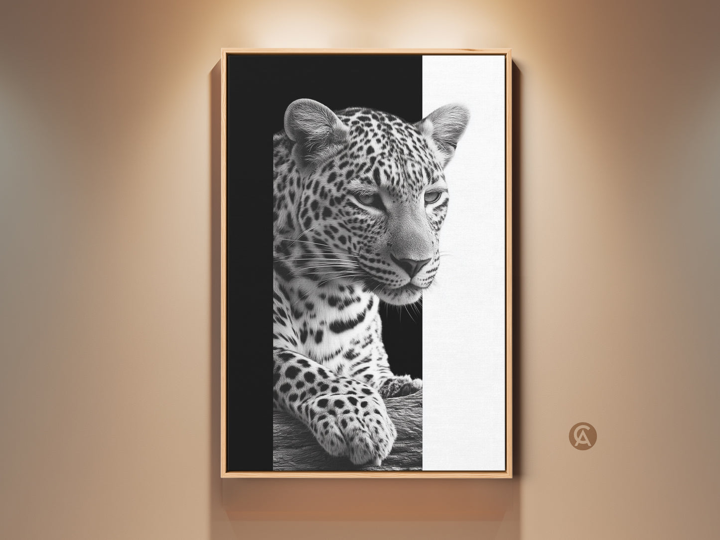 Black and white leopard art print in a wood frame. This wildlife canvas adds minimalist animal home decor to your space. It is a great bedroom art piece and gift for wildlife enthusiasts. A striking monochrome art print to enhance a modern or neutral living space. This canvas brings the beauty of wildlife indoors.