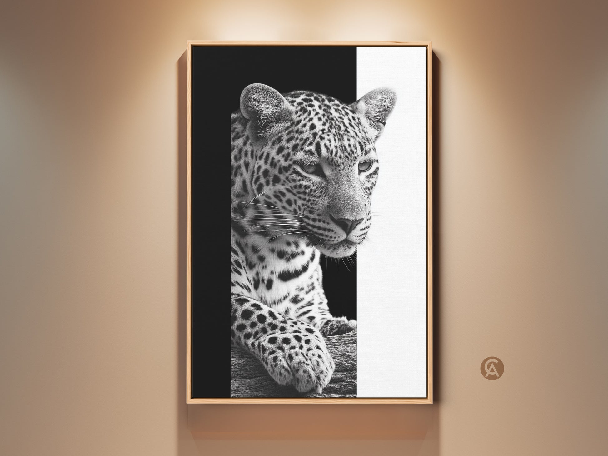 Black and white leopard art print in a wood frame. This wildlife canvas adds minimalist animal home decor to your space. It is a great bedroom art piece and gift for wildlife enthusiasts. A striking monochrome art print to enhance a modern or neutral living space. This canvas brings the beauty of wildlife indoors.