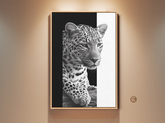 Black and white leopard art print in a wood frame. This wildlife canvas adds minimalist animal home decor to your space. It is a great bedroom art piece and gift for wildlife enthusiasts. A striking monochrome art print to enhance a modern or neutral living space. This canvas brings the beauty of wildlife indoors.