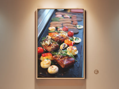 Modern gourmet steak and vegetables art print on canvas. Red orange and brown tones bring contemporary cuisine to life. Perfect kitchen wall art for food lovers home bars and restaurants. This appetizing food canvas adds culinary sophistication to any space. A versatile piece that complements modern and gourmet art styles.