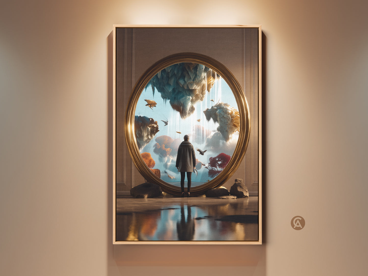 Surreal Art Print featuring floating islands and a figure gazing into a golden portal. Gold teal blue fantasy wall decor for an eclectic bedroom. A unique dreamer gift canvas reflecting a surreal landscape painting. Perfect for contemplative spaces.