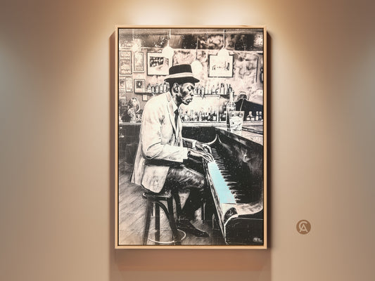 Experience the soulful vibes of this piano man art print. The black and white artwork captures a jazz musician in action. This framed canvas adds rhythm to any space. It's perfect for music lovers.