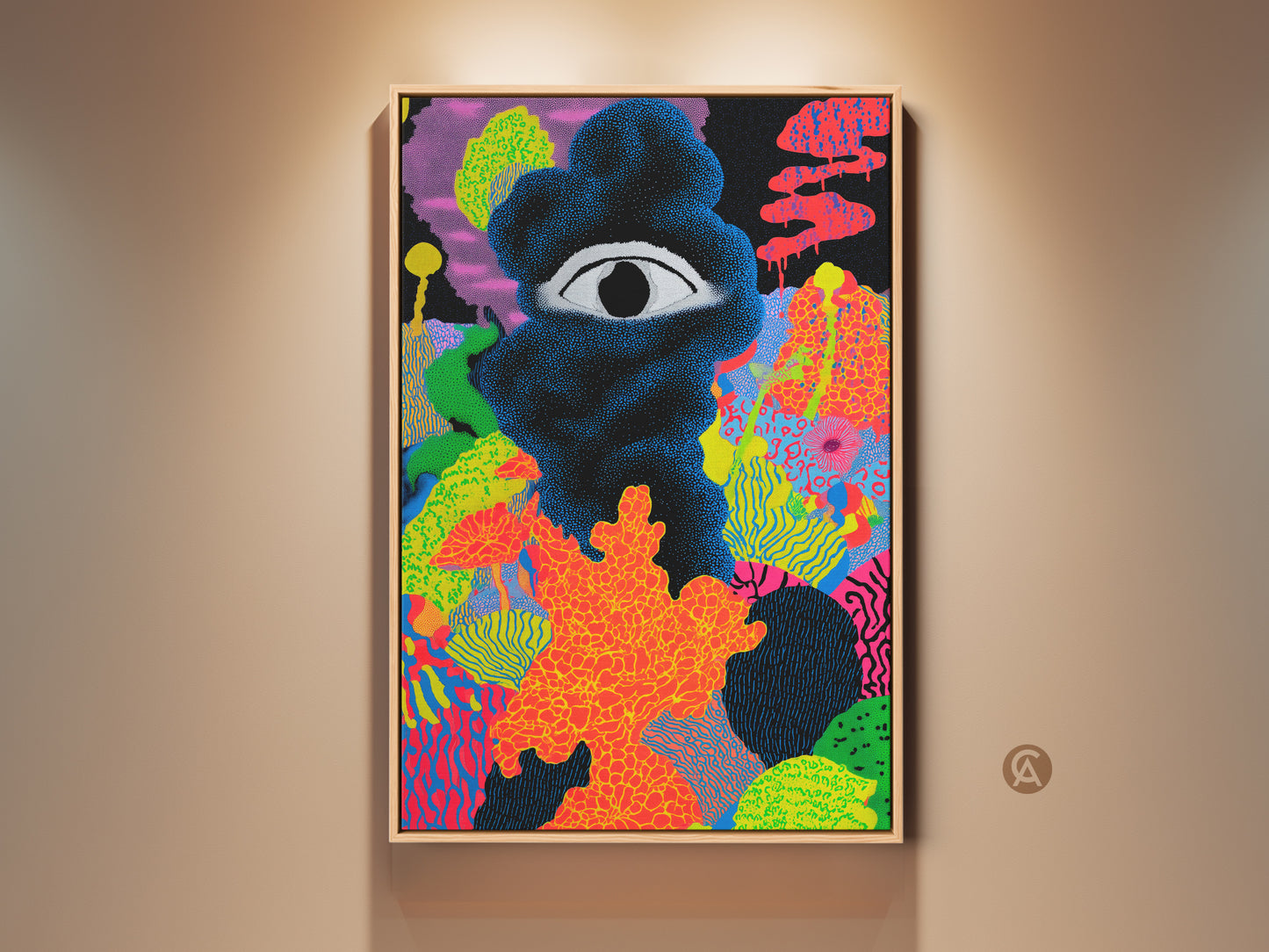 Gallery view of Neon Orange Abstract Canvas Art. It features a surreal eye dotted print. Black and pink eclectic wall decor makes it a unique hallway art gift idea. The artwork adds vibrant color to any modern living space.