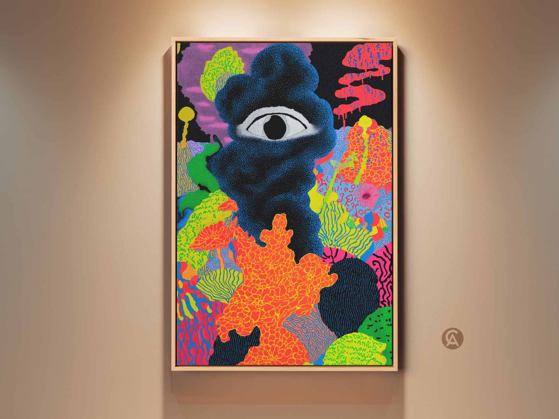 Gallery view of Neon Orange Abstract Canvas Art. It features a surreal eye dotted print. Black and pink eclectic wall decor makes it a unique hallway art gift idea. The artwork adds vibrant color to any modern living space.