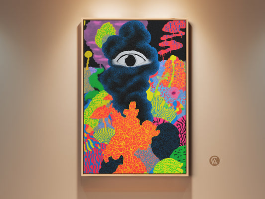 Gallery view of Neon Orange Abstract Canvas Art. It features a surreal eye dotted print. Black and pink eclectic wall decor makes it a unique hallway art gift idea. The artwork adds vibrant color to any modern living space.