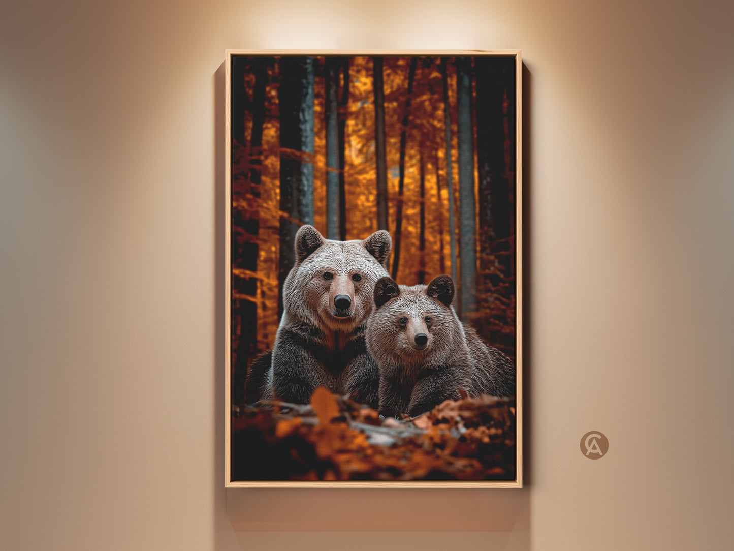 Realistic bear family canvas art in an autumn forest. Warm orange yellow tones bring cozy wildlife charm to any space. Perfect rustic animal decor for bedroom or living room. Get this nature wall art for a cozy home. Ideal housewarming nature gift