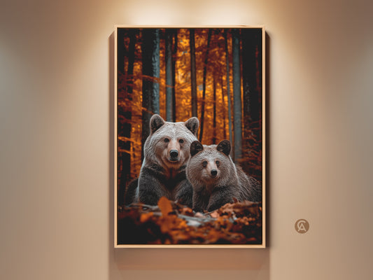 Realistic bear family canvas art in an autumn forest. Warm orange yellow tones bring cozy wildlife charm to any space. Perfect rustic animal decor for bedroom or living room. Get this nature wall art for a cozy home. Ideal housewarming nature gift