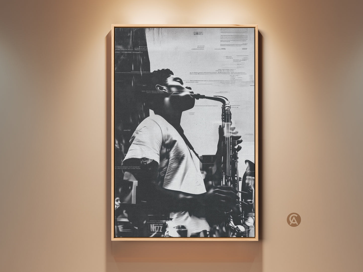 Framed canvas artwork featuring a musician playing a saxophone. The black and white art print has a cool jazz vibe. The framed canvas adds a touch of sophistication to any room. This musical art is ideal for music lovers and art collectors. Ready to hang and enjoy!