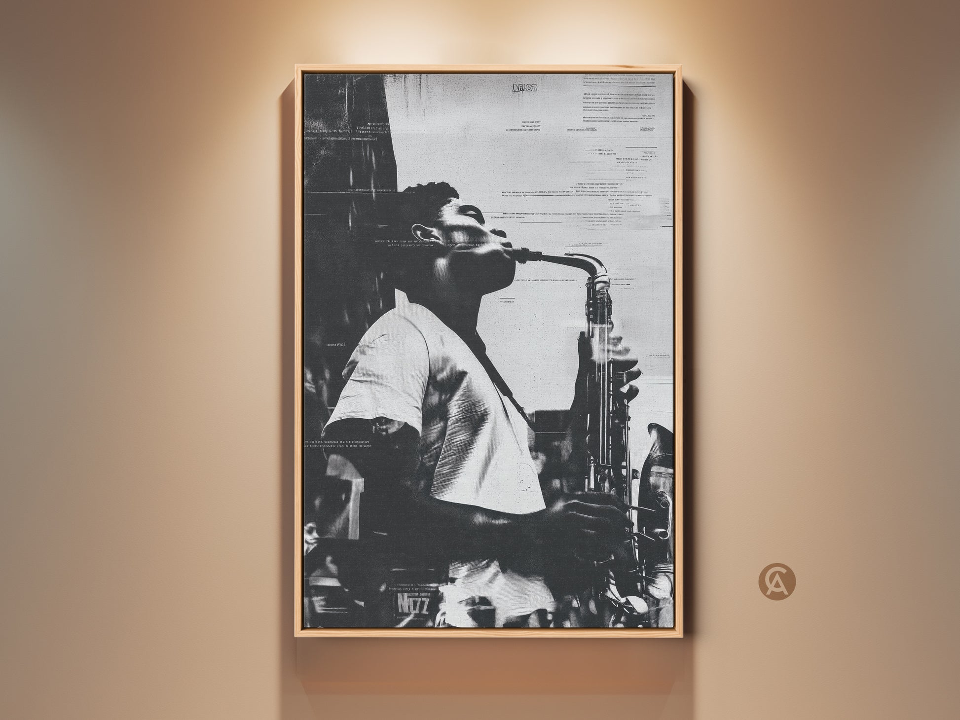 Framed canvas artwork featuring a musician playing a saxophone. The black and white art print has a cool jazz vibe. The framed canvas adds a touch of sophistication to any room. This musical art is ideal for music lovers and art collectors. Ready to hang and enjoy!