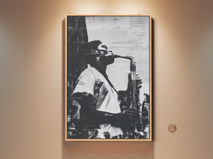 Framed canvas artwork featuring a musician playing a saxophone. The black and white art print has a cool jazz vibe. The framed canvas adds a touch of sophistication to any room. This musical art is ideal for music lovers and art collectors. Ready to hang and enjoy!