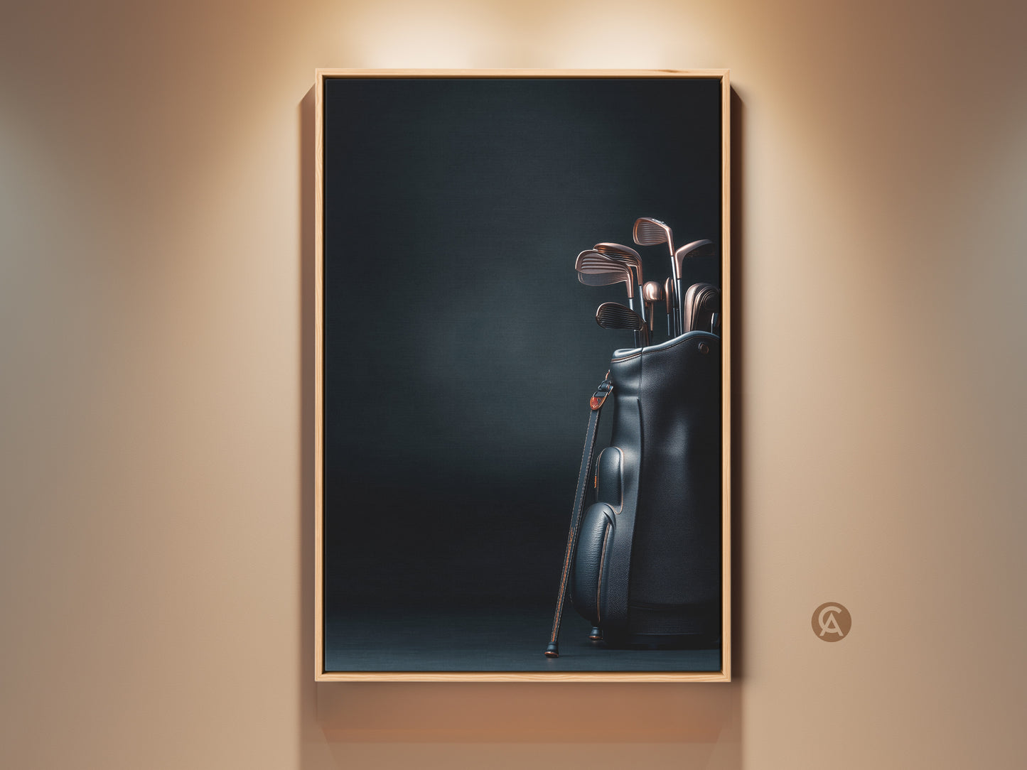 Framed golf clubs art print. Golf clubs in a black leather bag is displayed against a dark background. The artwork is framed in a natural wood frame. This sophisticated piece of sports themed art is perfect for a home or office. Buy it today.