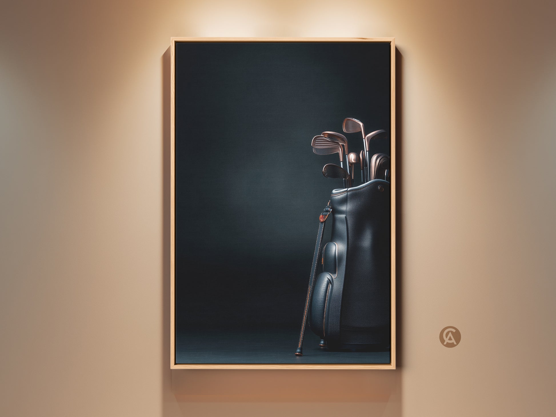 Framed golf clubs art print. Golf clubs in a black leather bag is displayed against a dark background. The artwork is framed in a natural wood frame. This sophisticated piece of sports themed art is perfect for a home or office. Buy it today.