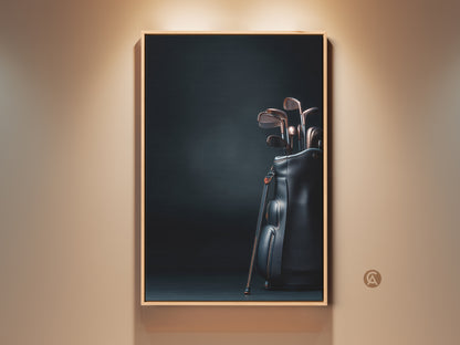 Framed golf clubs art print. Golf clubs in a black leather bag is displayed against a dark background. The artwork is framed in a natural wood frame. This sophisticated piece of sports themed art is perfect for a home or office. Buy it today.