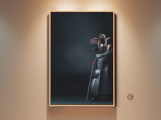 Framed golf clubs art print. Golf clubs in a black leather bag is displayed against a dark background. The artwork is framed in a natural wood frame. This sophisticated piece of sports themed art is perfect for a home or office. Buy it today.