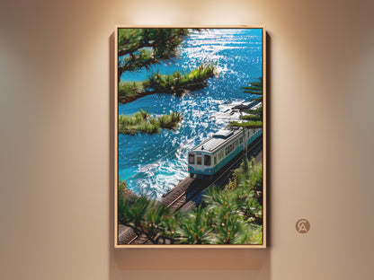Framed canvas art print showcasing a blue and white train along a sparkling blue coast. The artwork features a wooden frame and is ready to hang. A scenic train ride captured in museum-quality art.