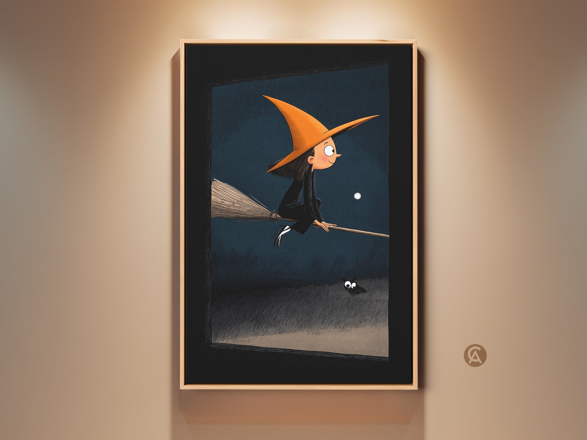 A whimsical Halloween Witch Art Print displayed in a wooden frame. The artwork features a young witch on a broomstick under a dark blue moonlit sky. A friendly spider adds to the fantasy. This Kids Room Decor brings a touch of magic and spooky fun. Perfect for Halloween art lovers and eclectic kids room art.