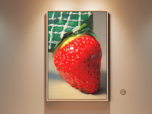 This is a red strawberry canvas print. It is botanical kitchen art. It is a yellow and green foodie gift. This is impressionist style wall art. It is dining room decor. This vibrant fruit art print will add beauty to any room. It's perfect for modern farmhouse kitchens.