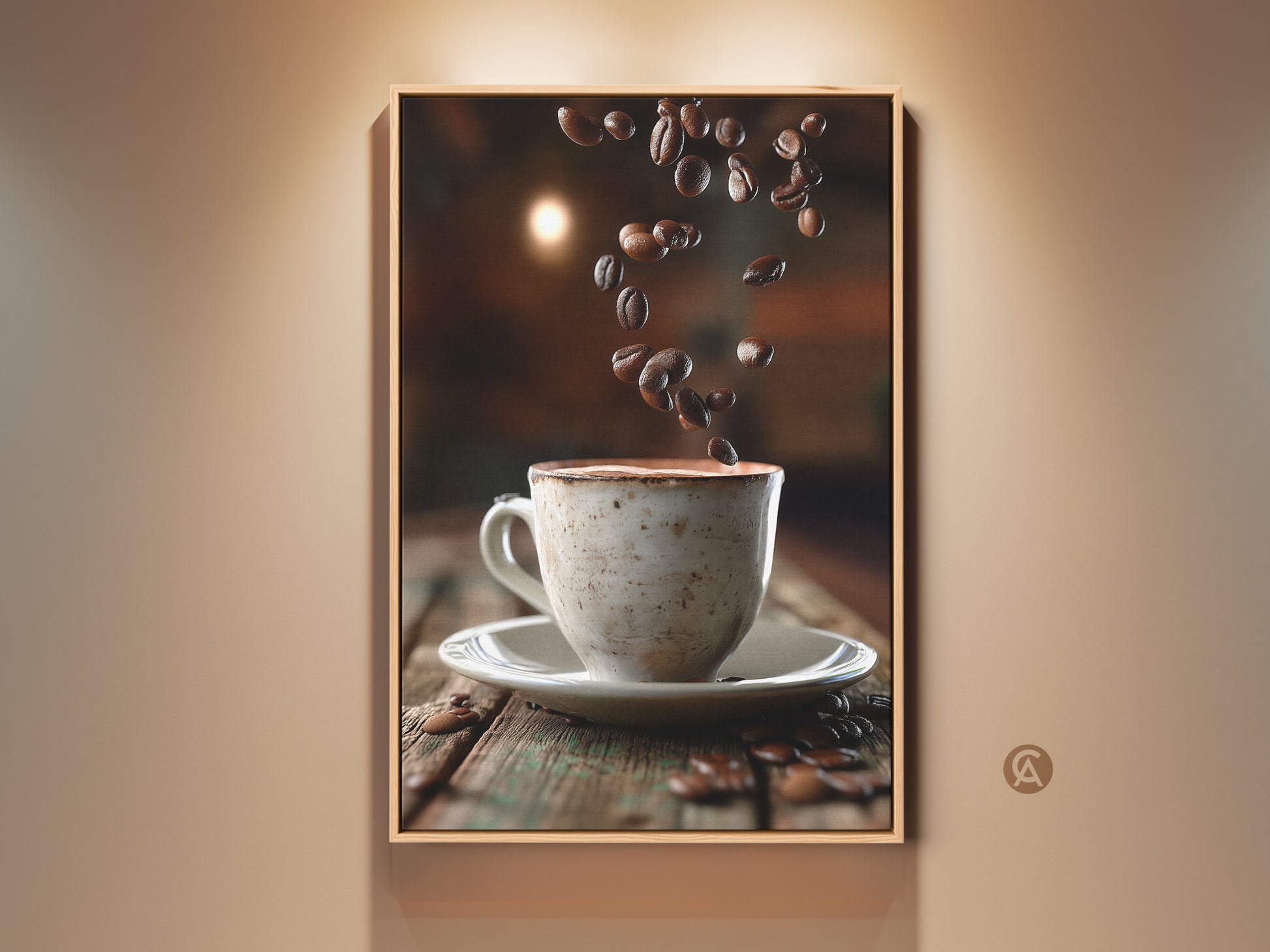 Rustic coffee cup and beans art print. This kitchen wall art features falling coffee beans. Warm beige cream brown tones offer a modern farmhouse feel. A housewarming gift idea.