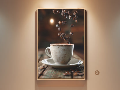 Rustic coffee cup and beans art print. This kitchen wall art features falling coffee beans. Warm beige cream brown tones offer a modern farmhouse feel. A housewarming gift idea.