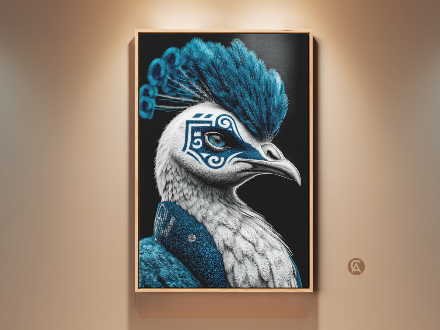 A framed canvas presents an electric blue peacock mask art print. This surreal bird artwork is ideal for home or office decor. The ornate mask and feather details create a unique fantasy aesthetic.