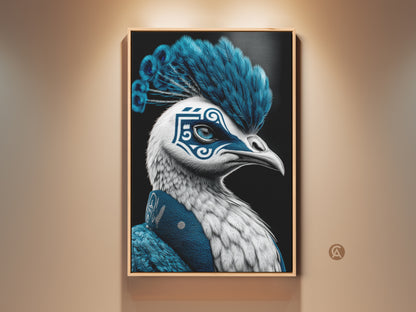 A framed canvas presents an electric blue peacock mask art print. This surreal bird artwork is ideal for home or office decor. The ornate mask and feather details create a unique fantasy aesthetic.