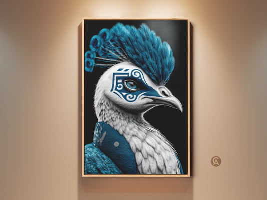 A framed canvas presents an electric blue peacock mask art print. This surreal bird artwork is ideal for home or office decor. The ornate mask and feather details create a unique fantasy aesthetic.