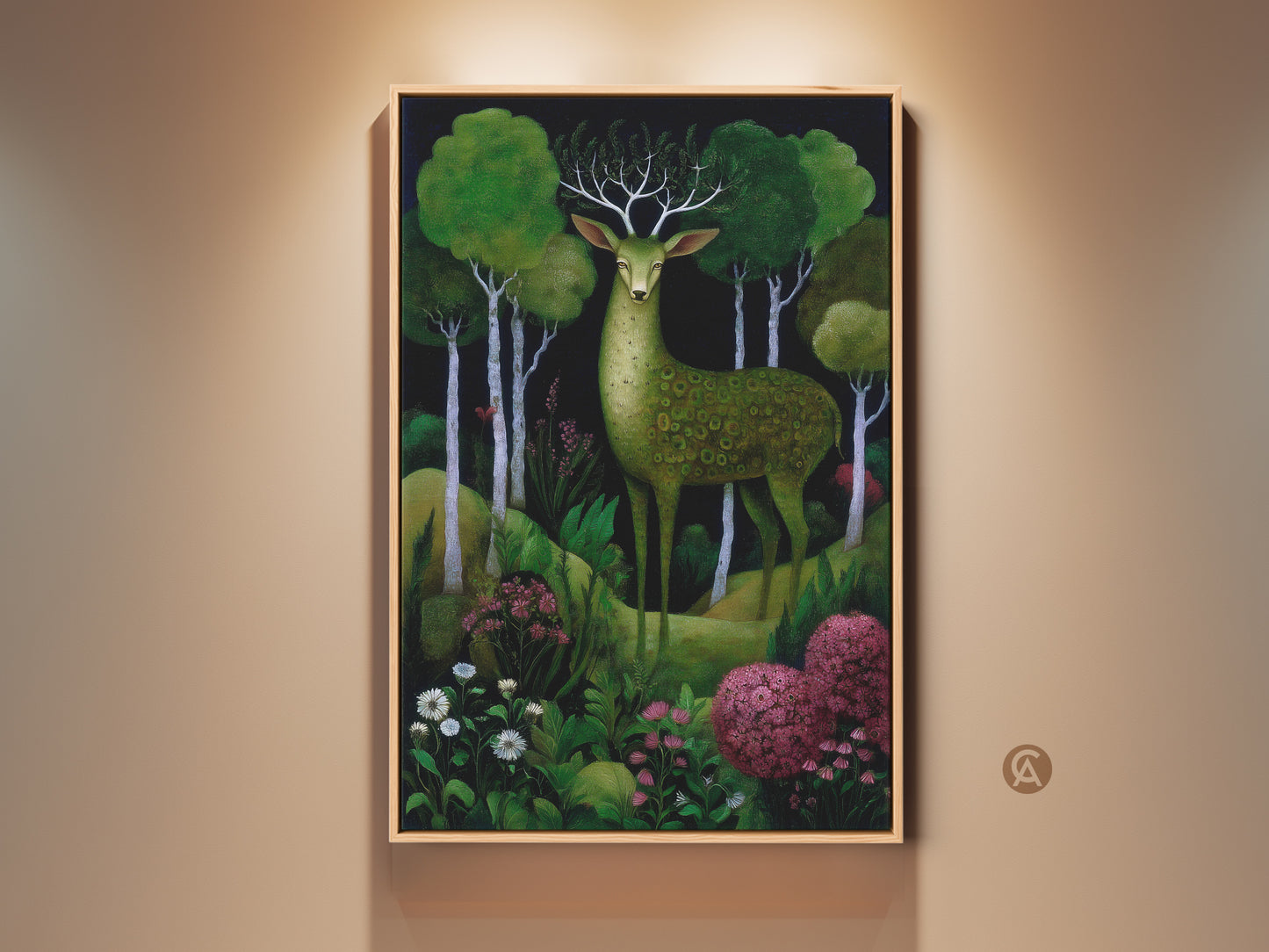 A framed green deer forest art print hangs on a beige wall. This boho woodland animal canvas features an emerald and deep green palette. The artwork adds whimsical nature to any room.