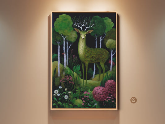 A framed green deer forest art print hangs on a beige wall. This boho woodland animal canvas features an emerald and deep green palette. The artwork adds whimsical nature to any room.