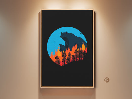 A modern art print displays a bear family silhouette against a backdrop of a forest fire. The minimalist nature landscape wall art features a blue circle and orange flames. This artwork is perfect for modern home decor adding a unique touch to residential spaces.
