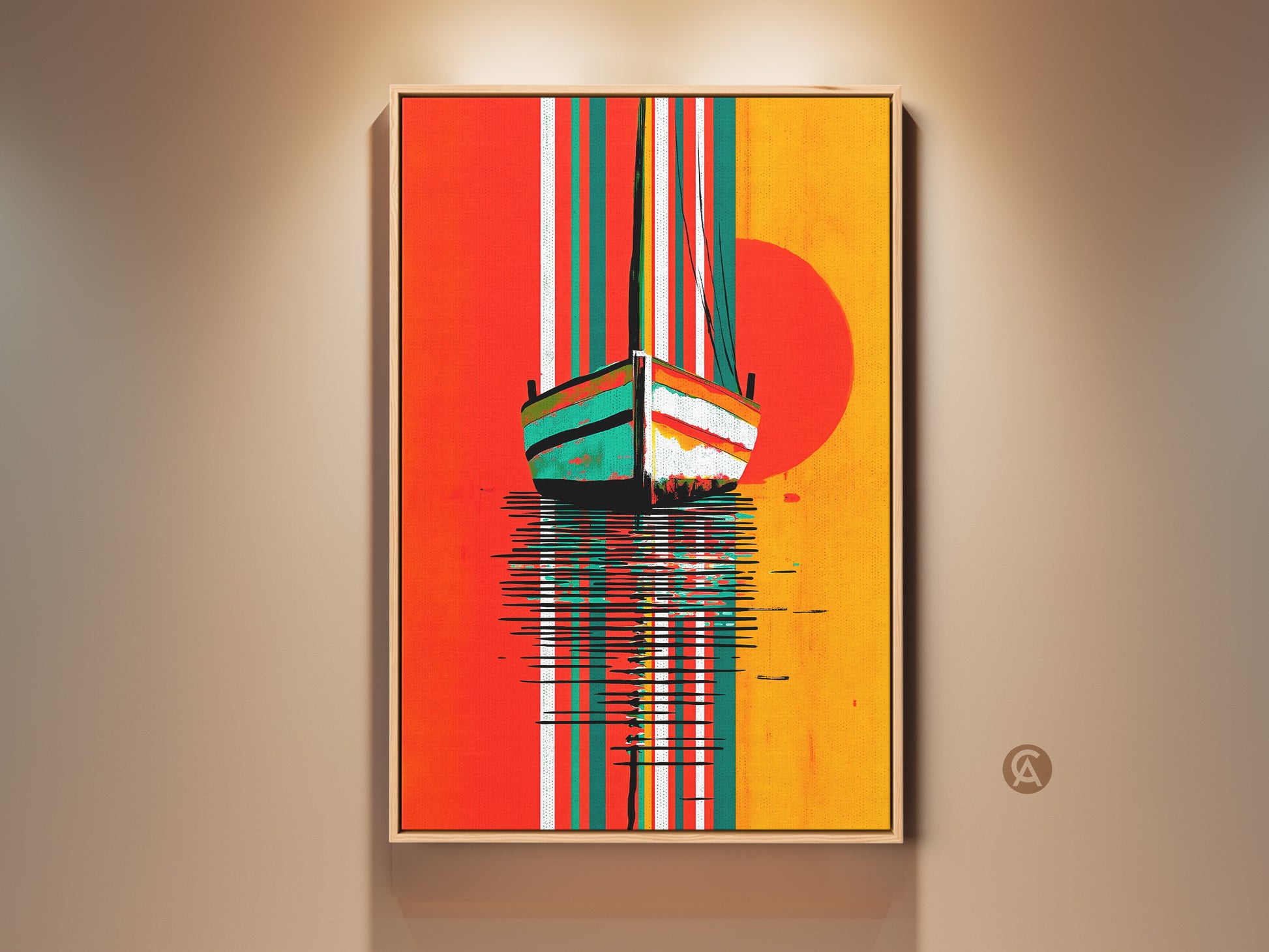 A framed canvas print displays abstract seascape art. The nautical sailboat sunset print has orange yellow and teal accents. This coastal wall decor is perfect for eclectic homes.