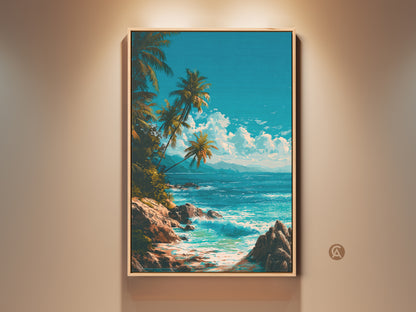 Framed tropical beach artwork with palm trees. Ocean wave art for coastal decor. The framed artwork is ready to hang. Bring the beauty of the beach indoors. Perfect wall art for ocean lovers.