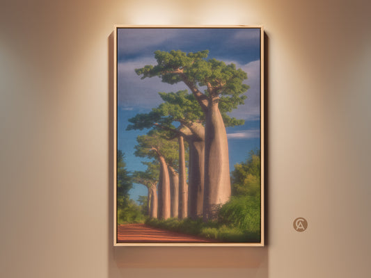 Framed realistic Baobab trees artwork. The African savanna landscape canvas adds boho decor to a residential living room. Tan blue and green hues create a nature lover gift. It's a unique African art print.