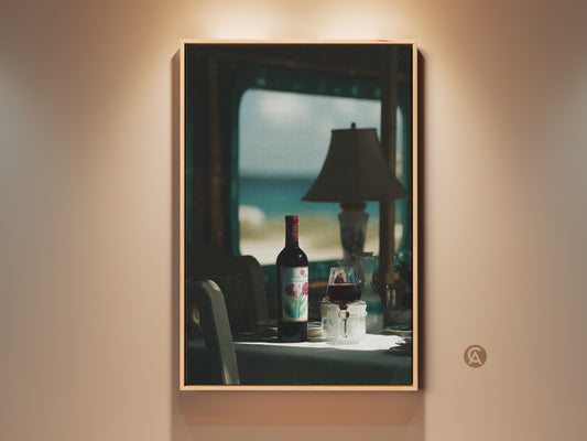 Vintage Wine Art Print features a Burgundy Wine Bottle and Glass. It's set in a traditional dining room. This canvas wall art is perfect for home bar decor. A great gift for wine lovers.
