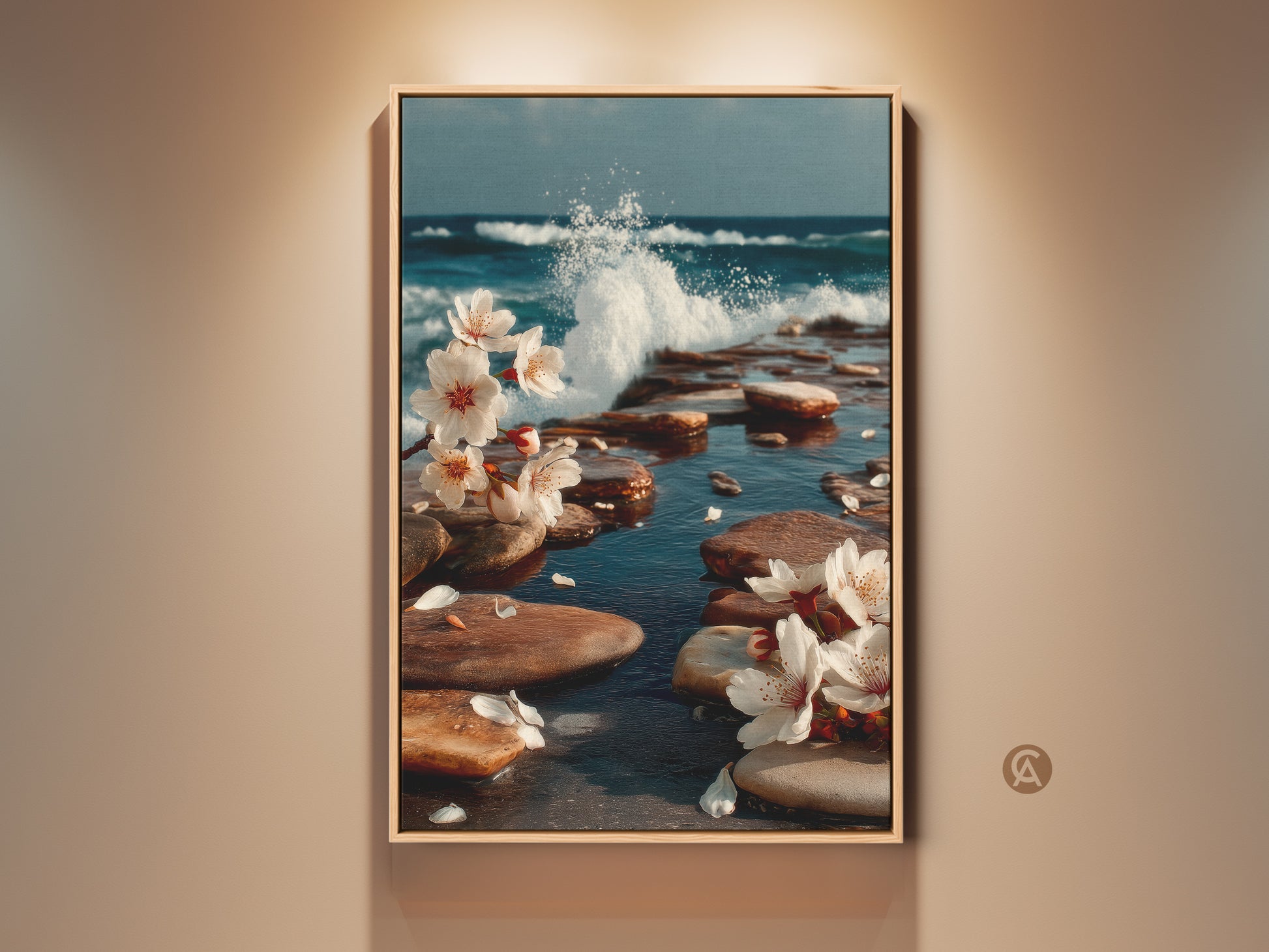 Framed ocean wave and cherry blossom canvas art. A beautiful blend of coastal elements and floral elegance. This teal blue nature wall decor brings serenity and beauty. Perfect beach lover gift with a serene atmosphere