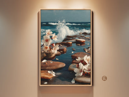 Framed ocean wave and cherry blossom canvas art. A beautiful blend of coastal elements and floral elegance. This teal blue nature wall decor brings serenity and beauty. Perfect beach lover gift with a serene atmosphere