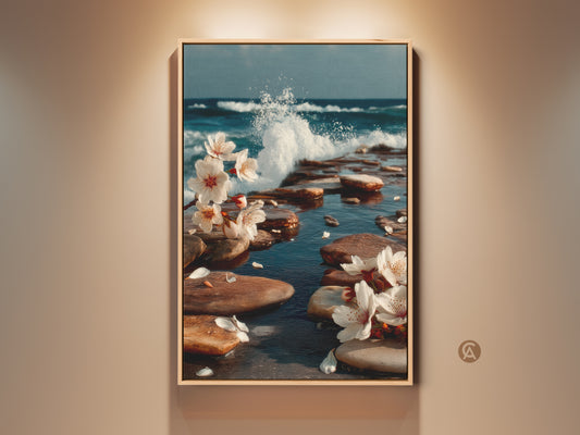 Framed ocean wave and cherry blossom canvas art. A beautiful blend of coastal elements and floral elegance. This teal blue nature wall decor brings serenity and beauty. Perfect beach lover gift with a serene atmosphere