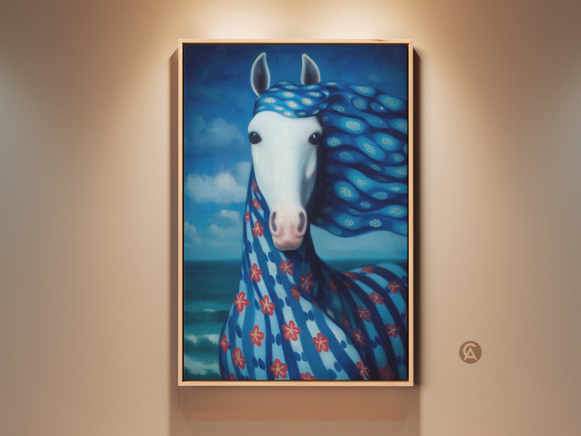 Surreal blue horse canvas art displayed in a well-lit room. This ocean & sky animal print adds eclectic wall decor. Perfect gift for horse lovers seeking unique bedroom art.