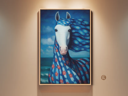Surreal blue horse canvas art displayed in a well-lit room. This ocean & sky animal print adds eclectic wall decor. Perfect gift for horse lovers seeking unique bedroom art.