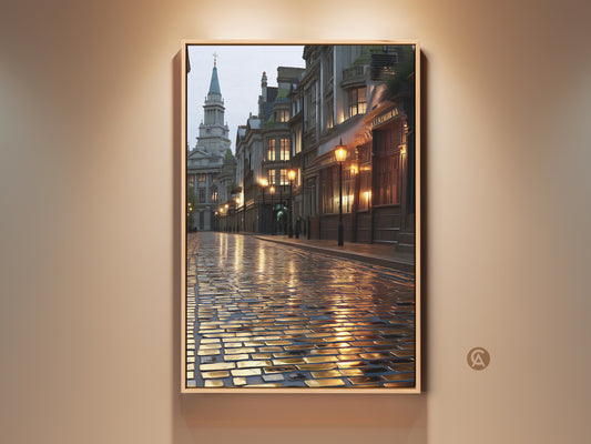 Sepia cobblestone street art print. This vintage cityscape wall art features a traditional European street. Illuminated vintage street lamps add to the nostalgic scene. It's a perfect housewarming gift for travel lovers. Add classic charm to your entryway with this unique artwork.