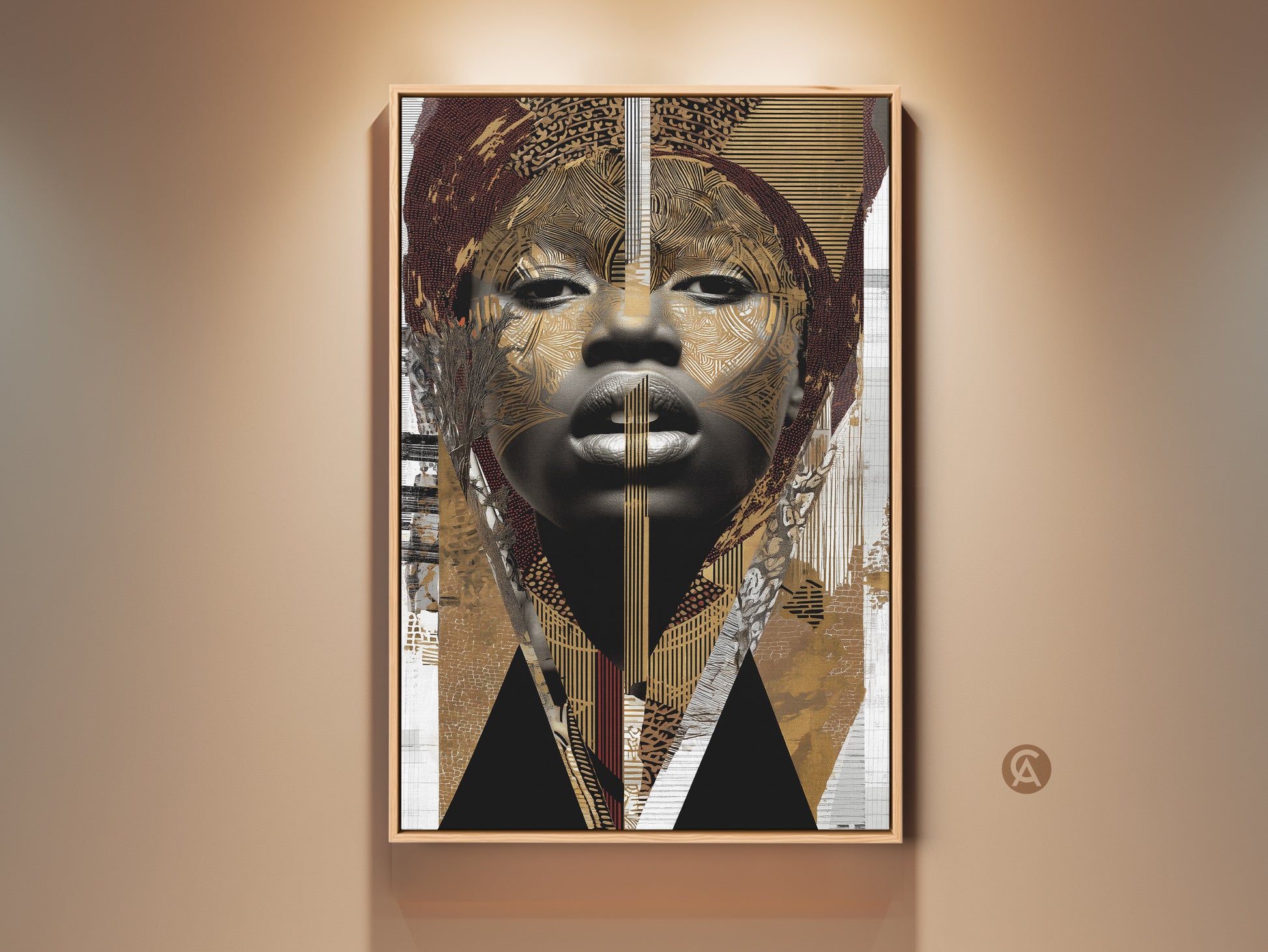 Eclectic abstract woman portrait. The canvas print features tribal art in a black brown and gold palette. Perfect wall art for living room or modern home decor as a gift.