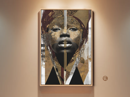 Eclectic abstract woman portrait. The canvas print features tribal art in a black brown and gold palette. Perfect wall art for living room or modern home decor as a gift.